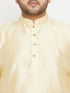Vastramay Men's Plus Size Gold Zari Weaved Nehru Jacket With Curved Kurta Dhoti set
